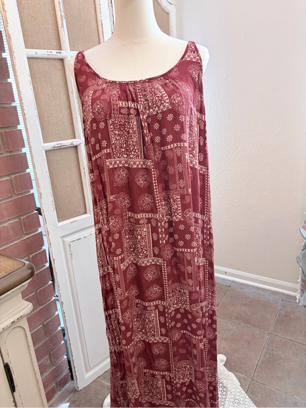 Natural Life Boho Cottagecore Maxi Dress Spaghetti Straps S Burgundy